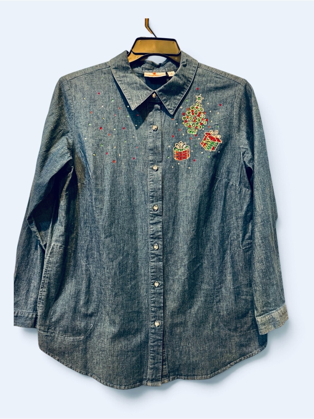 Quacker Factory Denim Button-Down Shirt with Holiday Embroidery - Blue